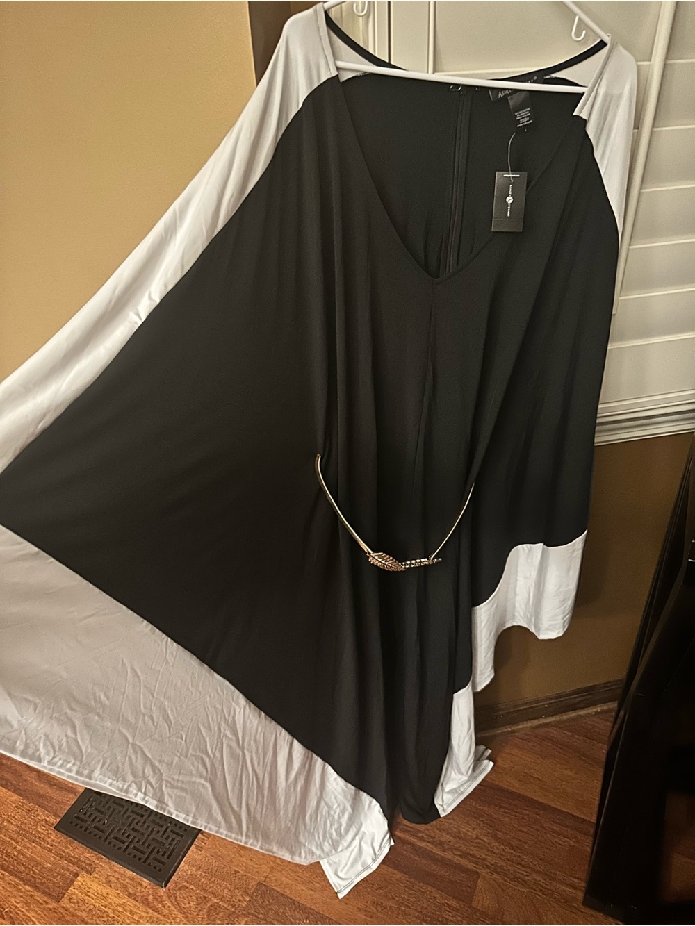 Ashley Stewart Black V-Neck Dress with White Shoulder and Side Accents
